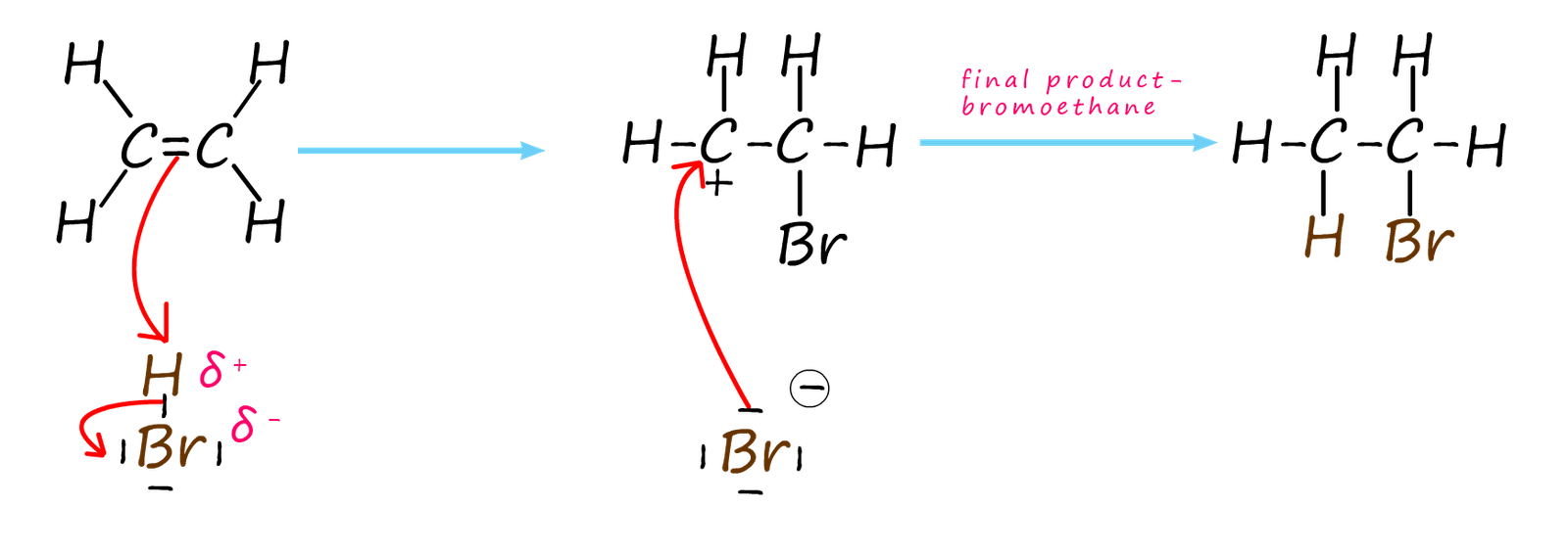 The mechanism to show the electrophilic addition of hydrogen bromide to an alkene.